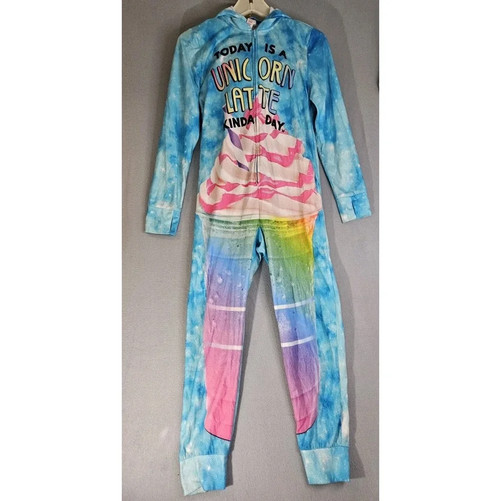 Girls Justice One-piece Rainbow Pajama  Unicorn Latte Size 12 Hooded